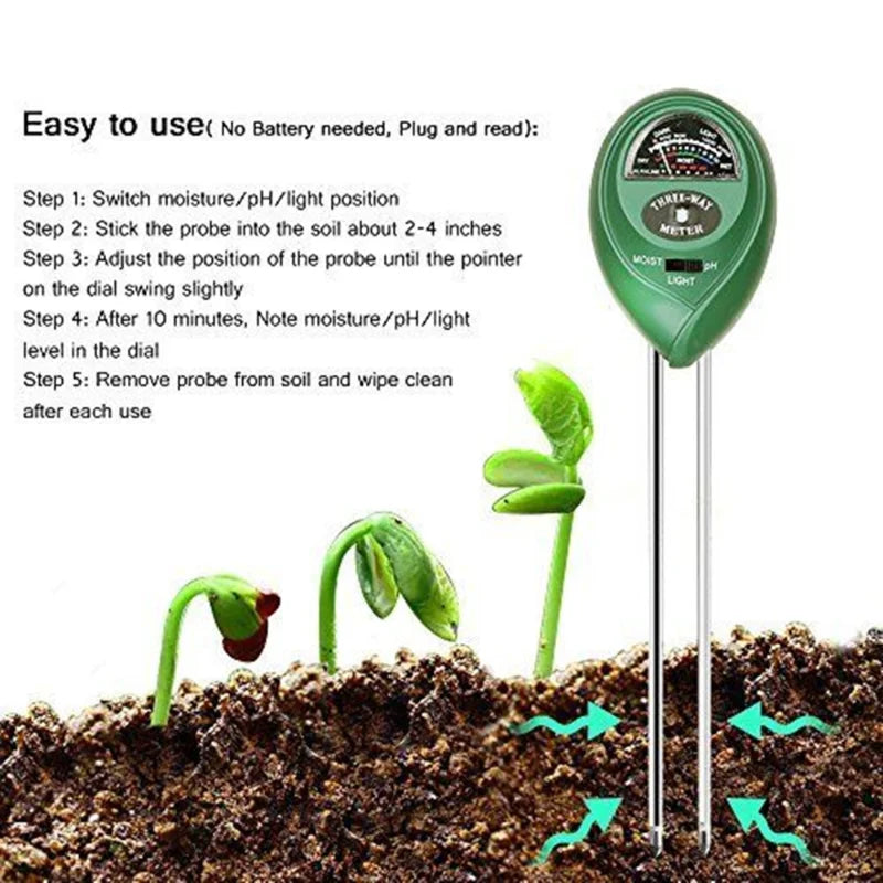 3-in-1 Soil Moisture Meter — Moisture · Light · pH