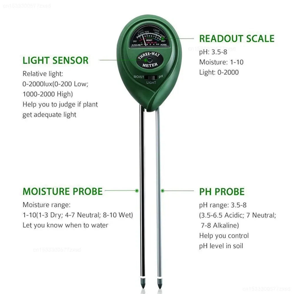 3-in-1 Soil Moisture Meter — Moisture · Light · pH